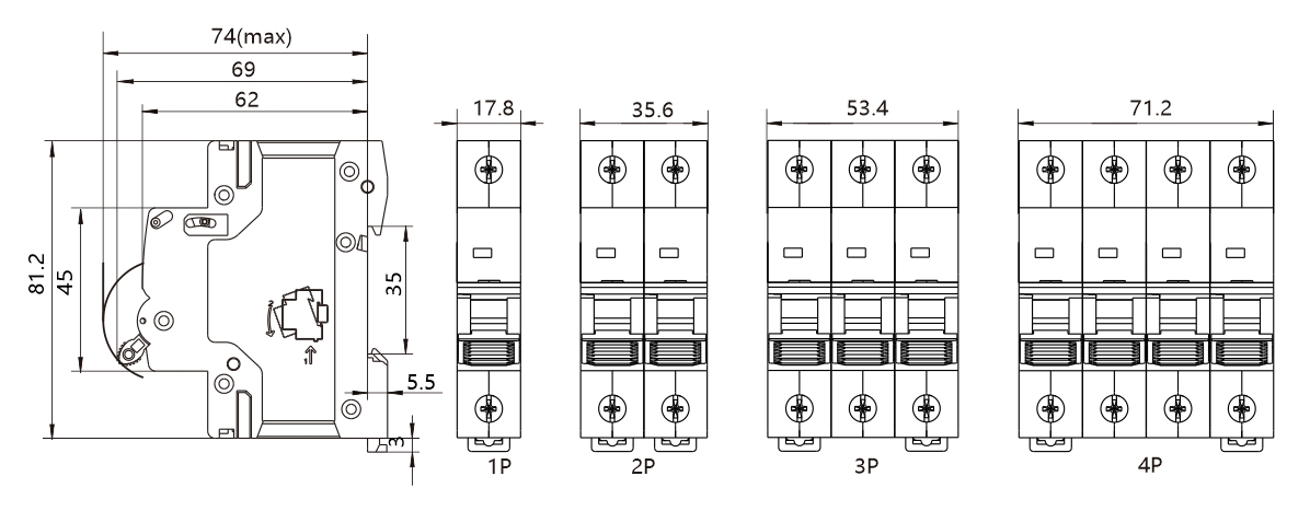 MCB size dimension size